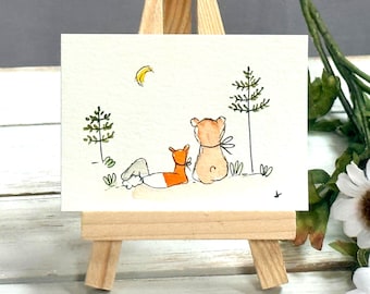 Mini Watercolor Painting | Whimsical Miniature Art | Bear Fox Rabbit | 2.5x3.5 | Woodland Animals Watercolor