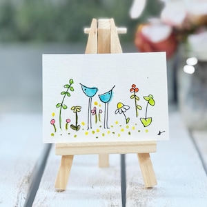 Original Watercolor Blue Bird Painting: Whimsical Nursery Art (2.5x3.5)Miniature Art