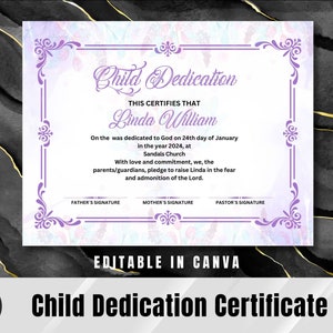 Plantilla de certificado de dedicación infantil, bautismo, bautizo de niños, oro moderno, plantilla de iglesia imprimible editable