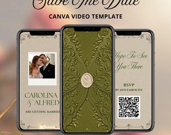 Olive Green Save the Date Video, Calla Lily Wax Seal Envelope, Vintage Wedding Invitation, RSVP Website, Canva Template, Polaroid Photo