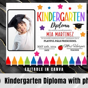 Bearbeitbares Kindergartendiplom mit Foto, Schuldiplomzertifikat, bearbeitbares Schuldiplomzertifikat, bearbeitbar in Leinwand