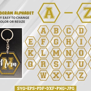Monogram SVG Alfabet, Zeshoek sleutelhanger Alfabet svg, Monogram Svg, Sleutelhanger svg, Frame Monogram Svg, sleutelhanger patronen svg, sleutelhanger svg.