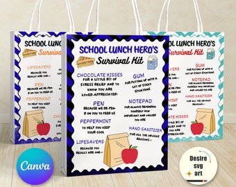 May include: Three white paper lunch bags with blue and white striped designs. Each bag has a different design with the text "School Lunch Hero's Survival Kit" and a list of items for a lunch bag, including lifesavers, gum, a pen, peppermint, chocolate kisses, a notepad, and hand sanitizer.