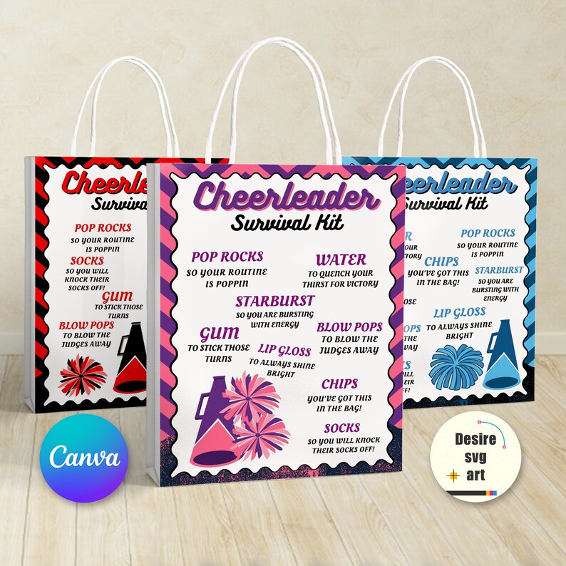 Cheerleader Survival Kit Printable Canva Editable Template, Gift Bag ...