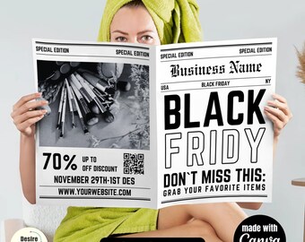 Black Friday Newspaper Template | Canva Editable Sale Flyer | Promotional Ad for Business Marketing | Digital Download