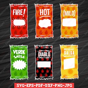 May include: Six printable labels for hot sauce packets. The labels are designed to look like hot sauce packets and feature different heat levels and names, including "Fire!" "Hot" "Mild" "Verde Salsa" "Diablo" and "Breakfast Salsa".