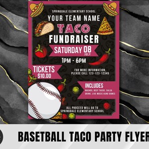 Baseball Taco Party Flyer canva template, PTO, PTA Flyer, Printable Start of Season Taco Sign, School Fundraiser flyer, Editable