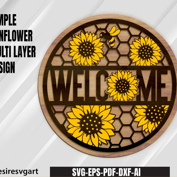 Multi-Layer Non Assemble Sunflower Welcome Sign - Laser Cut File - Yard Sign - welcome sign - porch decor - round wood sign Honeycomb