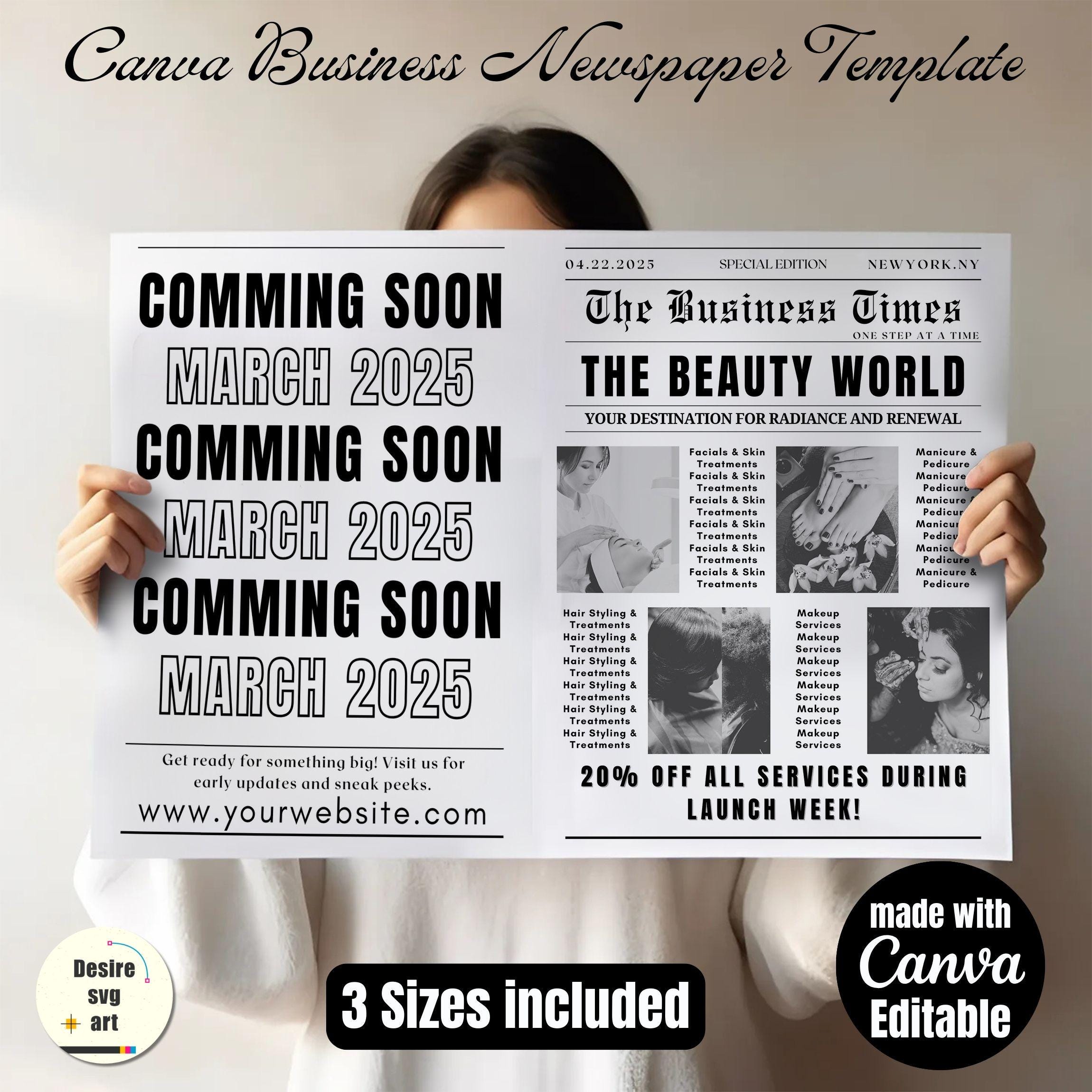 Business Launch Newspaper Template | Editable Canva Design | Editable Large Newspaper Announcement | Customizable Business Flyer