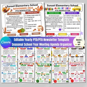Modèle de newsletter annuel PTO/PTA modifiable | Organisateur de l&#39;ordre du jour de la réunion saisonnière de l&#39;année scolaire | Conception de toile numérique