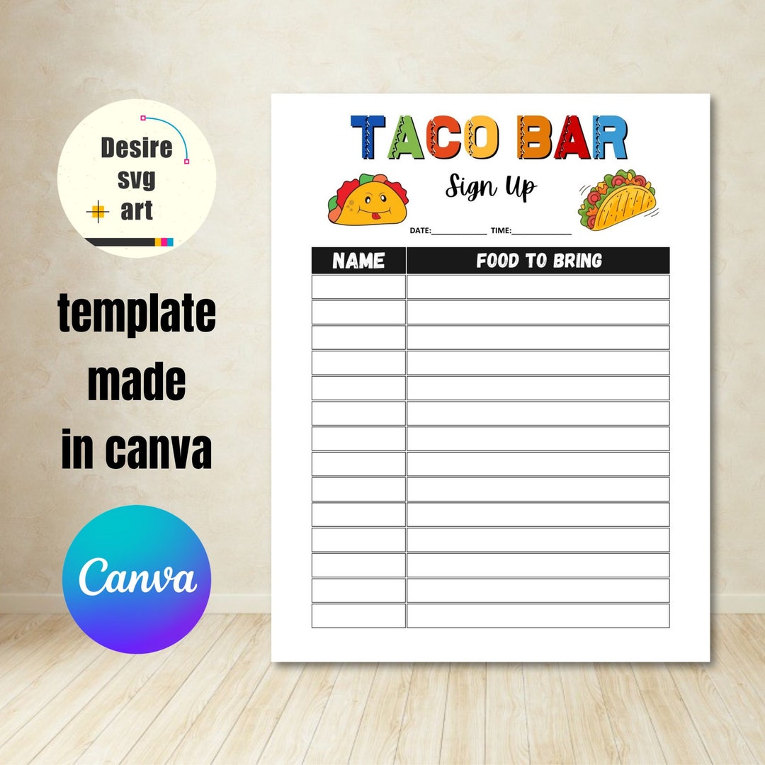 Taco Fiesta Stylish Taco Bar Sign up Sheet Template Printable for