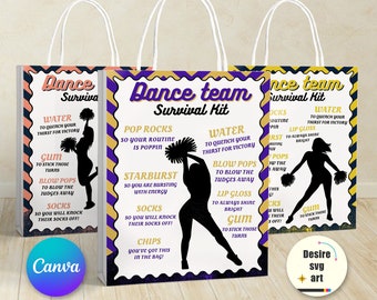 May include: Three purple, gold and white gift bags with black silhouettes of cheerleaders and text that reads "Dance Team Survival Kit". The bags include a list of items such as water, gum, blow pops, lip gloss, starburst, pop rocks, socks and crisps.