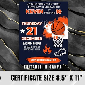 Modèle d'invitation d'anniversaire de basket-ball, invitation d'anniversaire de basket-ball, invitation modifiable