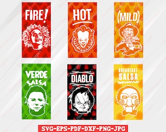 Tacosåspaket med skräckfilmsskurkar, het sås svg utan ordspråk, taco svg, het såspaket, halloween-kostym svg