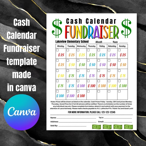 Cash Calendar Fundraiser Flyer Editable Canva Template, Fundraiser Event Sheet, Church Nonprofit School PTO PTA Event, canva