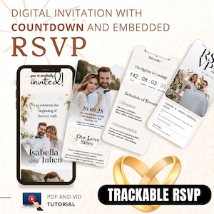 Plantilla editable para sitio web de bodas / Invitación de boda digital / Formulario RSVP / Sitio web de Canva / Temporizador de cuenta regresiva integrado / Invitación para sitio web