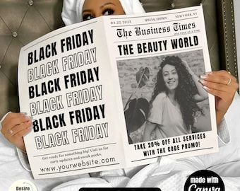 Black Friday Newspaper Template |  Salon & Spa Newspaper | Black Friday Sale | Promotional Ad for Business Marketing | Digital Download