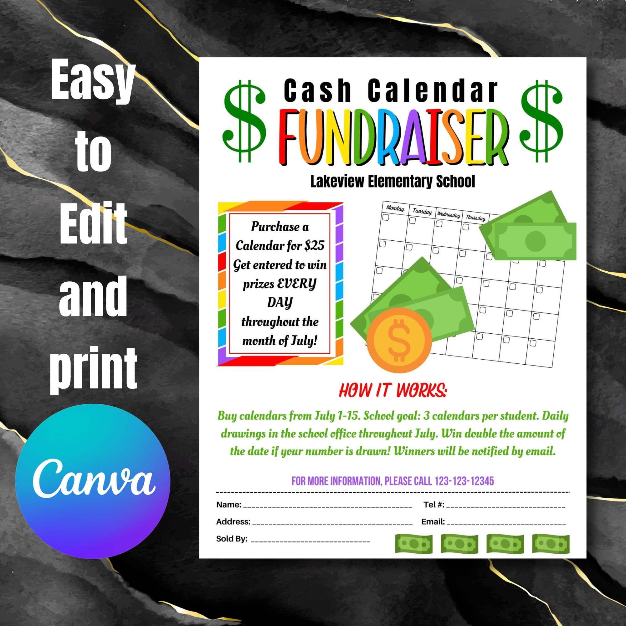 cash-calendar-fundraiser-flyer-editable-canva-template-fundraiser-event-sheet-church-nonprofit-school-pto-pta-event-canva-etsy