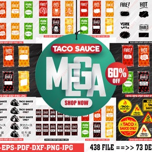 Può includere: Un download digitale di 73 design di etichette per salsa taco in formato SVG, EPS, PDF, DXF, PNG e JPG. Le etichette presentano vari design, tra cui "Fire!", "Hot", "Mild", "Verde Salsa" e "Diablo Salsa". I design sono perfetti per creare etichette personalizzate per la tua salsa taco fatta in casa.