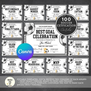 Puede incluir: Un conjunto de 10 certificados de premio de fútbol imprimibles con ilustraciones de balones de fútbol en blanco y negro. Los certificados están diseñados para una liga de fútbol y presentan premios como Mejor Jugador de Regreso, Trabajador Más Duro, Mejor Visión, Mejor Capitán, Mejor Lanzador de Penaltis, Guante de Oro, Mejor Bloqueador, Mejor Gol de Cabeza, MVP y Bota de Oro. El texto en los certificados dice: "The Slugger Squad Modesto City League 2024 Best Goal Celebration This award is presented to [Name] Thanks for a great season!"