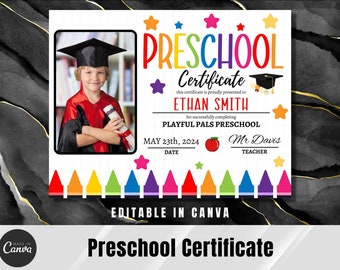 Editable Preschool Diploma with photo Preschool Graduation Preschool Diploma Template Graduation Diploma Editable in canva