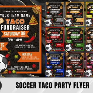 Soccer Taco Party Flyer canva template bundle, PTO, PTA Flyer, Printable Start of Season Taco Sign, School Fundraiser flyer, Editable
