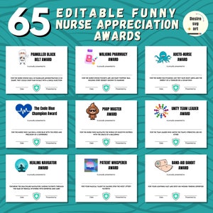 Certificats de récompense d'infirmière drôle modifiables sur toile, lot imprimable de récompense d'infirmière drôle, cadeau de reconnaissance de la semaine des infirmières, superlatifs rigolos