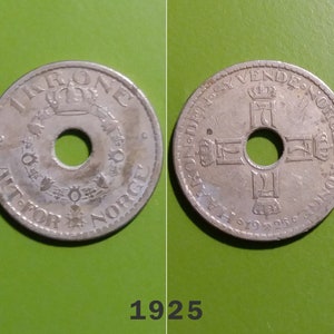 Norweger 1 Krone von 1925, 1939, 1946, 1950, 1951, Haakon VII, Münzen aus Norwegen, Vintage Münzen, skandinavische Münzen, nordische Münzen