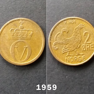 Norwegian 2 Øre from 1959, 1962, 1965, 1966, Olav V, Coins from Norway, Vintage Coins, Scandinavian Coins