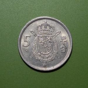 Spanish 5 Pesetas, 1975 (77, 78, 79, 80), Juan Carlos I, Vintage Coin from Spain, Pre-Euro Coin
