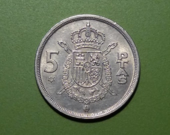 Spanish 5 Pesetas, 1975 (77, 78, 79, 80), Juan Carlos I, Vintage Coin from Spain, Pre-Euro Coin