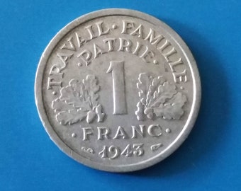 French 1-Franc, 1943, Coins from France, Vintage Coins, Republique Francaise-Pre Euro Coins