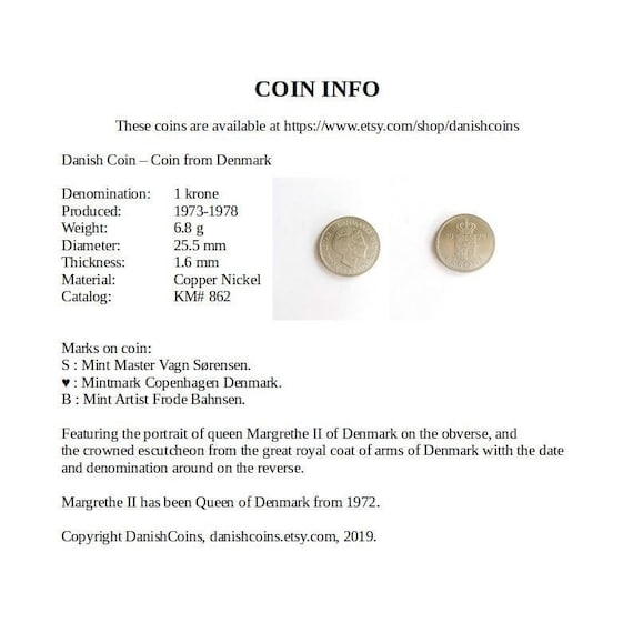 デンマーク 1 クローネ 1973、1974、1975、1976、1977、1978 年