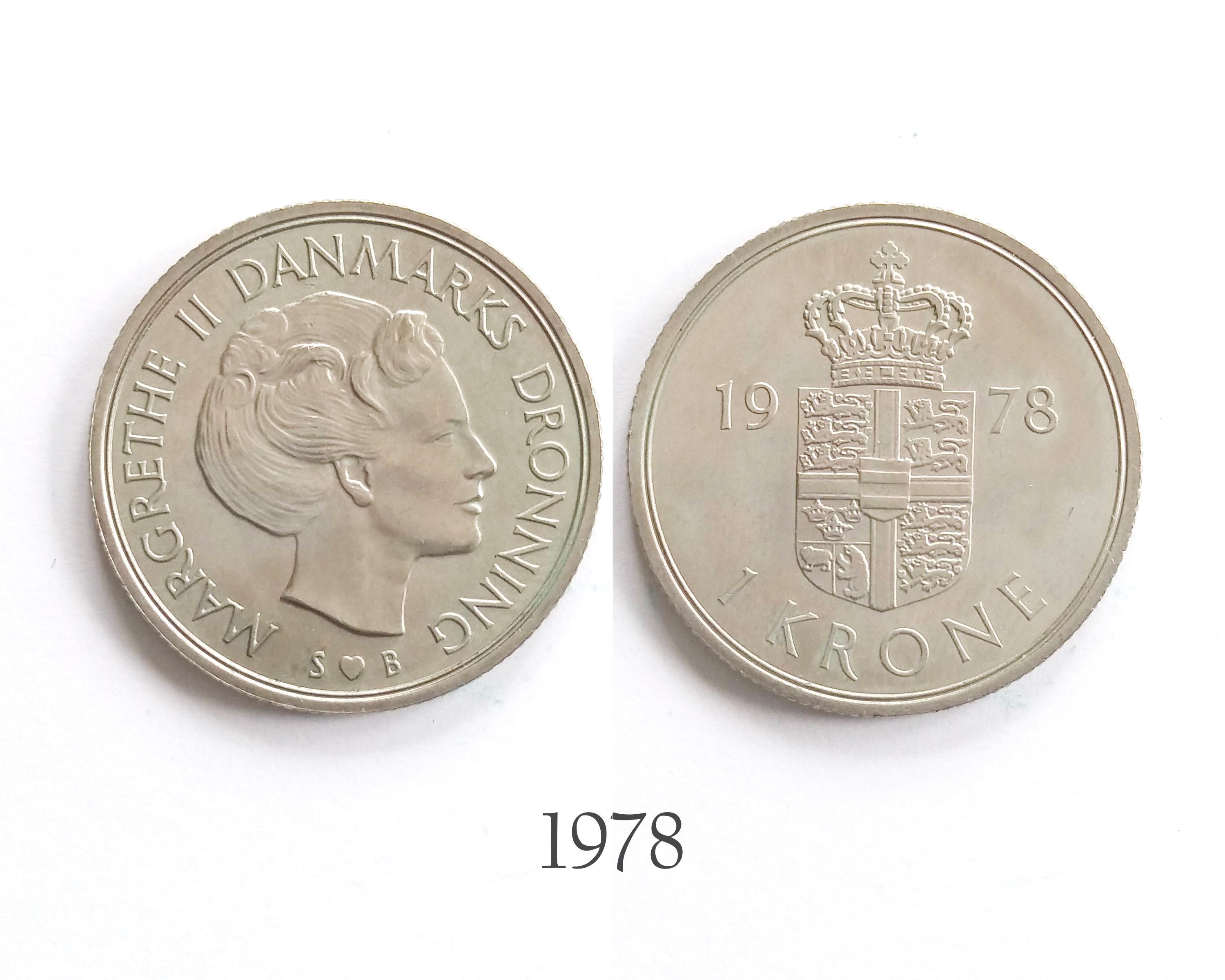Danish 1 Krone 1973, 1974, 1975, 1976, 1977, 1978. Vintage Coin