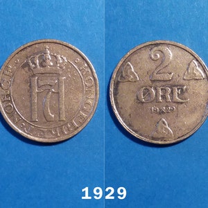 Norwegian 2 Øre from 1929, 1938, 1939, 1947, Haakon VII, Coins from Norway, Vintage Coins, Scandinavian Coins