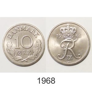 Denmark 10 ore 1968, 1969, 1970, 1971. Vintage Münzen aus Dänemark, Frederik IX, skandinavische Münze.