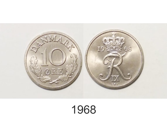 Denmark 10 Ore 1968, 1969, 1970, 1971. Vintage Coins From Denmark