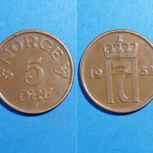 Norweger 5-Øre von 1952, 1953, 1957, Haakon VII, Münzen aus Norwegen, Vintage Münzen, skandinavische Münzen, nordische Münzen