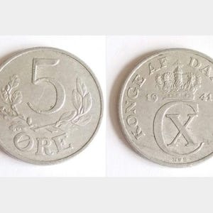Dänische 5 Erz 1941, 1942, 1943, 1944, 1945 - Vintage Münzen aus Dänemark - König Christian X - Antike Münzen - Skandinavische Münze - Münze aus dem Zweiten Weltkrieg