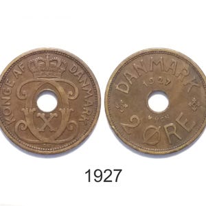 Danish 2 ore 1927, 1928, 1929 - Vintage coins from Denmark – King Christian X - Antique coin - Nordic coin - Scandinavian coin