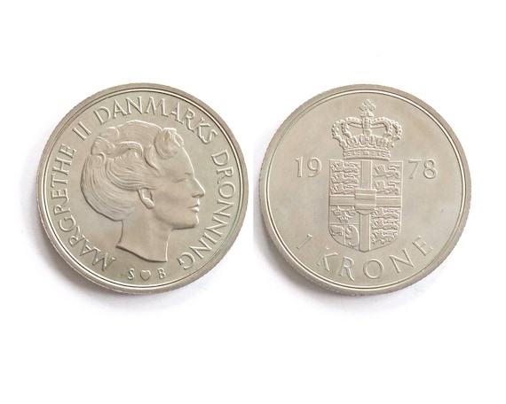 Danish 1 krone 1973, 1974, 1975, 1976, 1977, 1978. Vintage coin