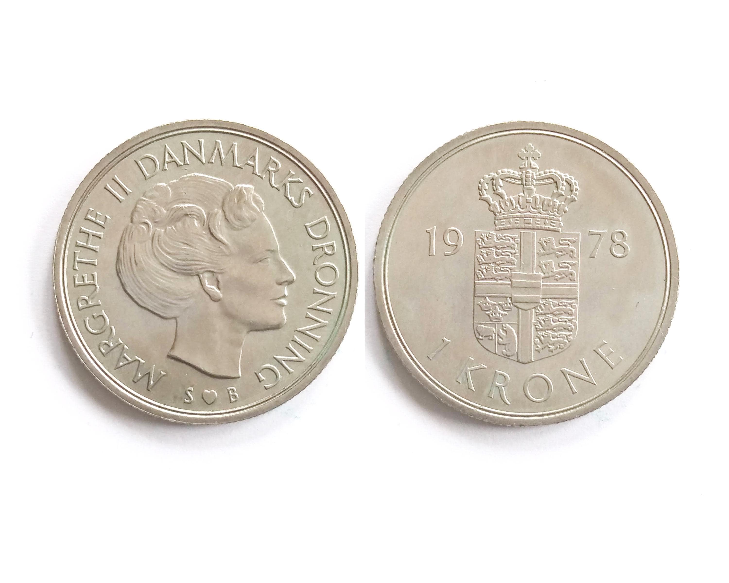 Danish 1 krone 1973, 1974, 1975, 1976, 1977, 1978. Vintage coin