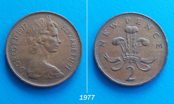 Great Britain, New Pence, 2 Pence, 1971, 1977, Vintage Coins From