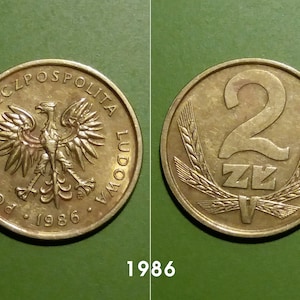 Polish 2 Złote, 1986, 1987, 1988 Coins from Poland, Polska Rzeczpospolita Ludowa, Vintage Coins, Pre Euro Coins