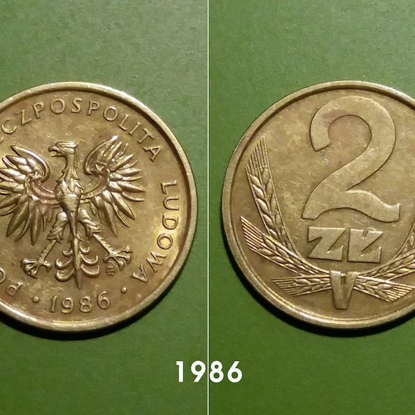 Polonais 2 Zôote, 1986, 1987, 1988 Pièces de monnaie de Pologne, Polska Rzeczpospolita Ludowa, pièces vintage, Pre Euro Coins