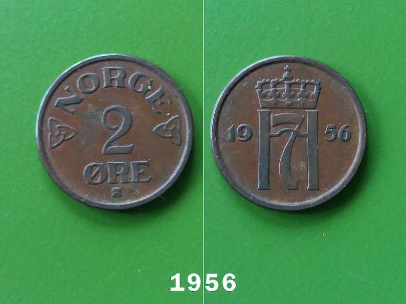 Norwegian 2 Øre From 1956, 1957, Haakon VII, Coins From Norway, Vintage ...