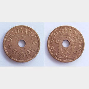 Danish 5 ore 1927, 1928, 1929 - Vintage coins from Denmark – King Christian X - Antique coin - Nordic coin - Scandinavian coin