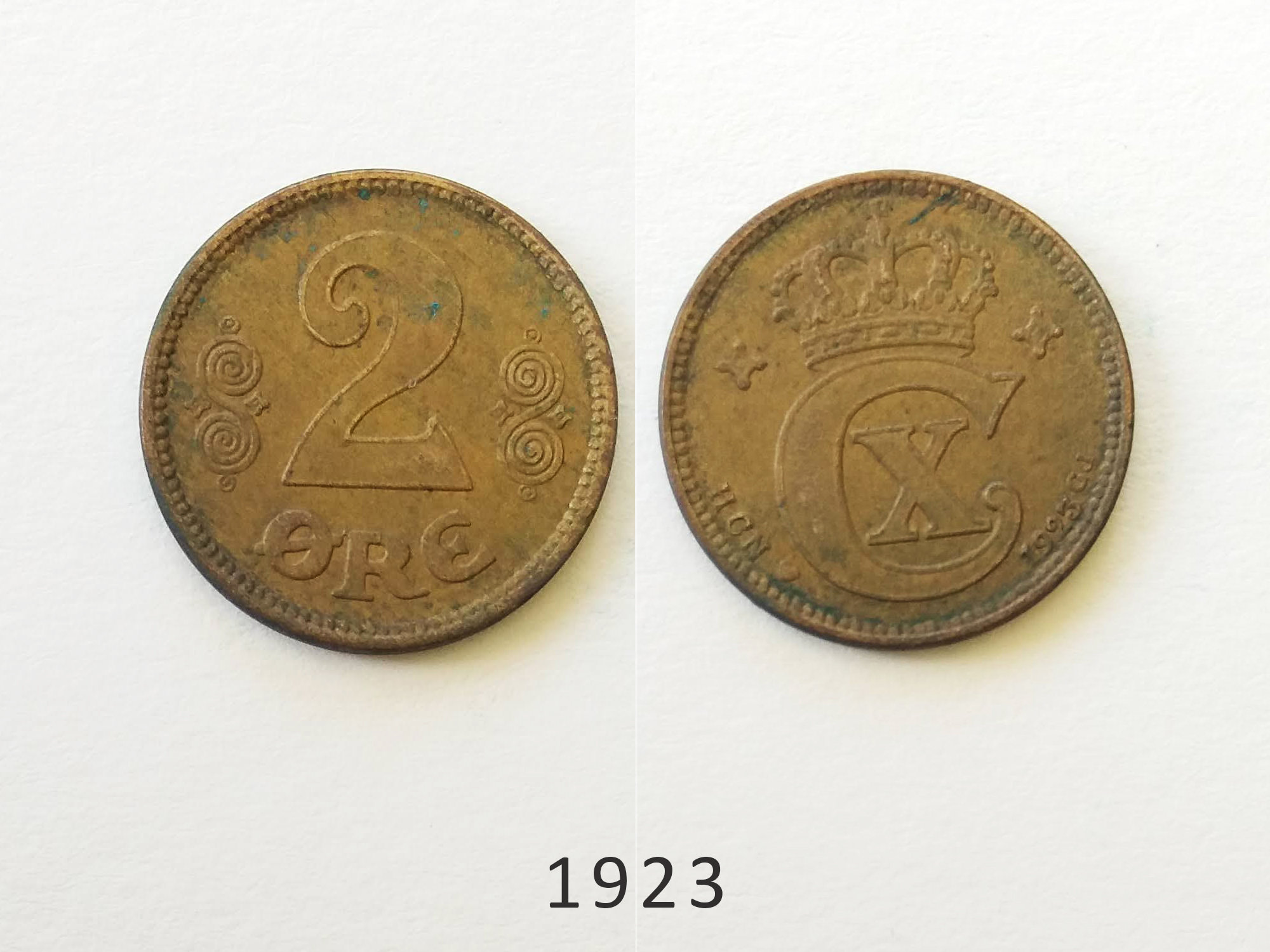 Danish 2 Ore 1914, 1915, 1917, 1919, 1920, 1921, 1923 - Vintage