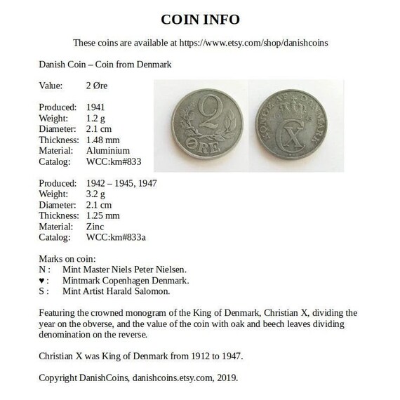 Danish 2 Ore 1941, 1942, 1943, 1944, 1945, 1947 - Vintage Coins