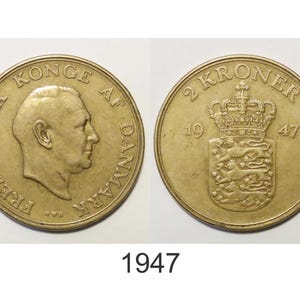 Dänische 2 Kronen 1947, 1948, 1949, 1951, 1952, 1953. Vintage Münzen aus Dänemark, Frederik IX, Antike skandinavische Münze. Geburtstagsgeschenk